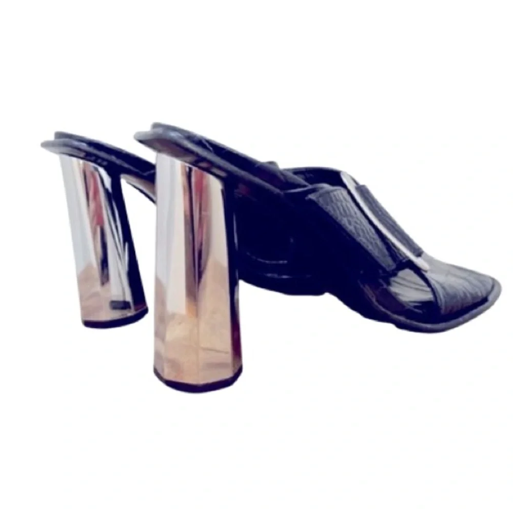 Zara Embossed Crossover Leather Metallic Chrome Mules Sandals High Heels 7.5 - Picture 9 of 14